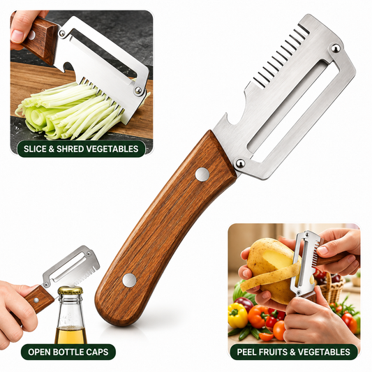 3-in-1 Multifunctional Vegetable Peeler With Wooden Grip (Pack of 1)